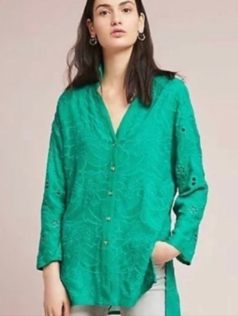 Anthropologie Akemi + Kin Green Embroidered V-Neck Button Front Tunic